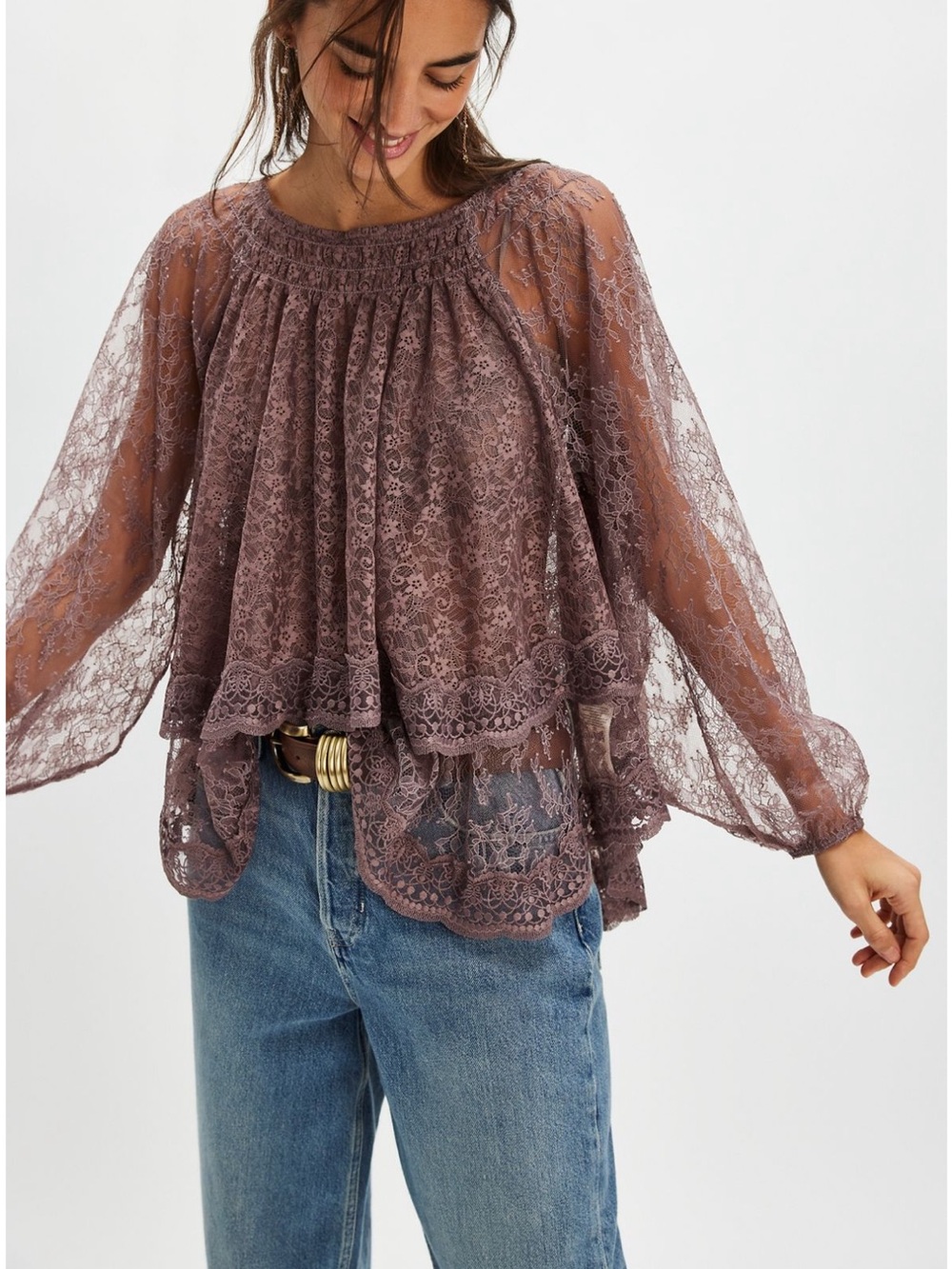 Free People Lace Peasant Blouse in Dusty Mauve